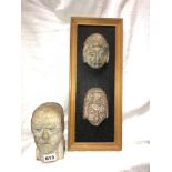CAR VED POLISHED SOAPSTONE AZTEC MAYAN HEAD PLAQUES AND A CARVED BUST