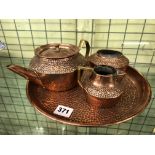 ARTS & CRAFTS THREE PIECE COPPER BACHELOR TEA SERVICE ON TRAY