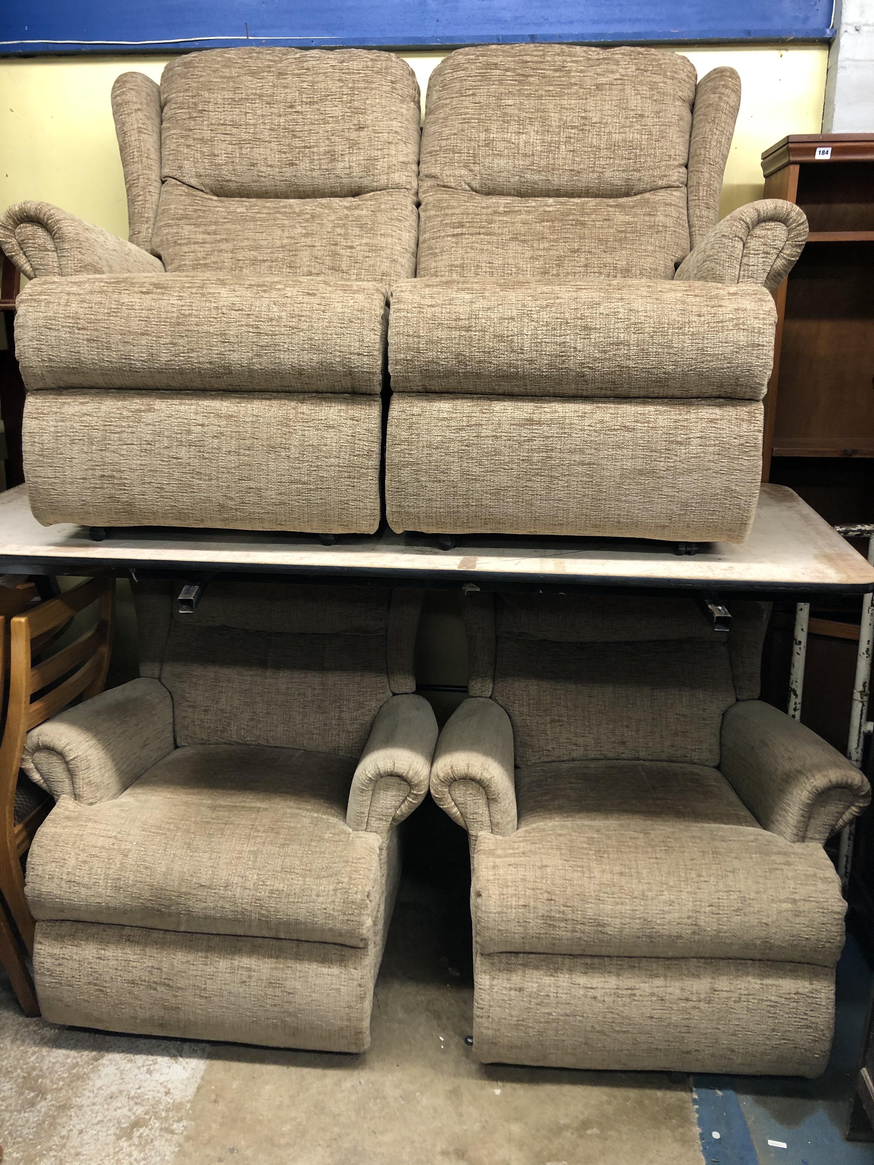 BROWN OATMEAL RECLINING ARMCHAIRS AND TWO SEATER SOFA