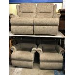 BROWN OATMEAL RECLINING ARMCHAIRS AND TWO SEATER SOFA