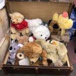 BANDED CABIN TRUNK AND A SELECTION OF SOFT TOYS AND TEDDY BEARS
