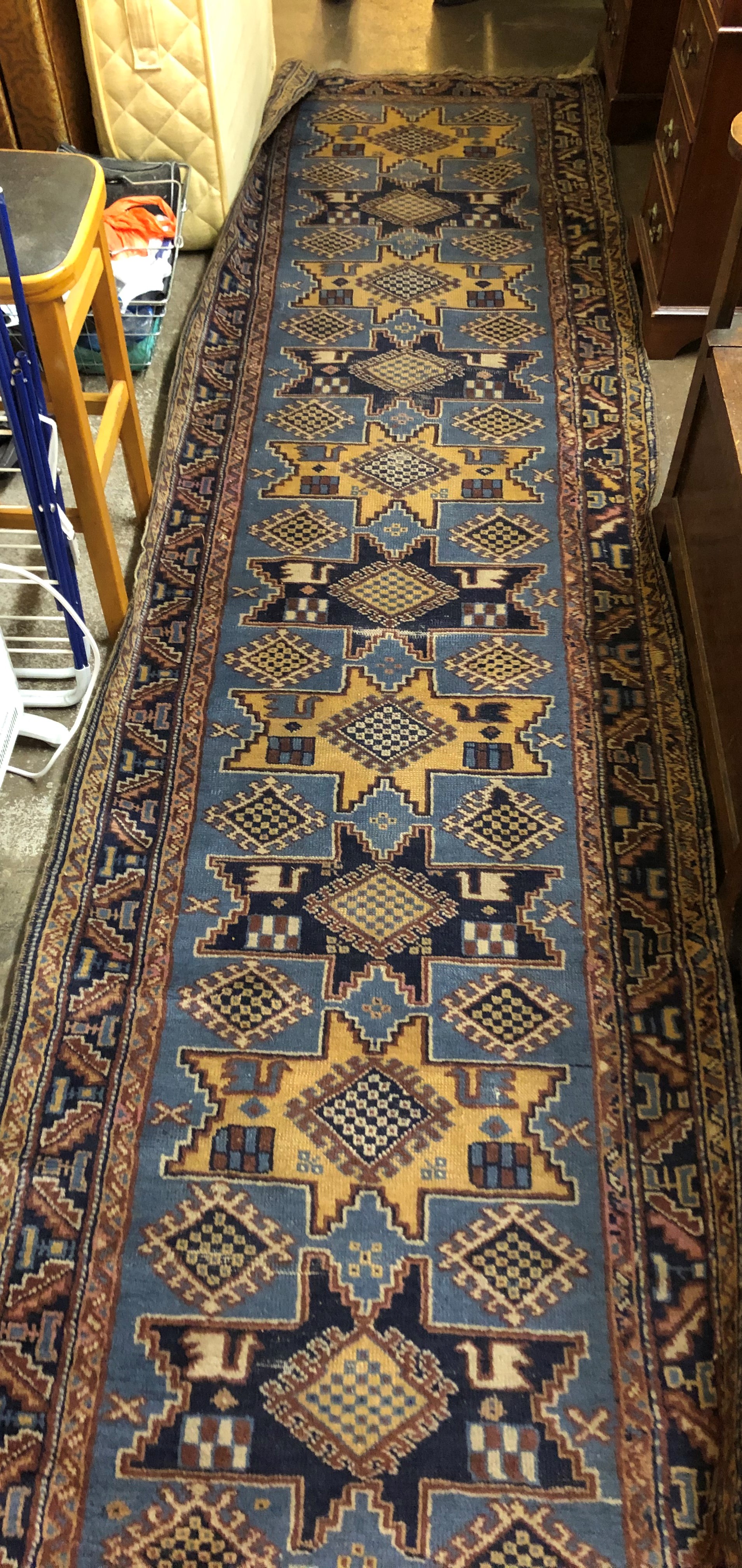 EARLY 20TH CENTURY BLUE GROUND CAUCASIAN RUNNER 92 X 358CM APPROX