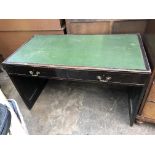 MAHOGANY TWO DRAWER WRITING TABLE WITH GREEN REXINE TOP (HEIGHT= 76CM, DEPTH= 66CM,
