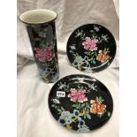 SHERATON WOOD & SONS FAMILLE NOIRE PLATES AND CYLINDRICAL VASE