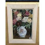 JOE CHRISTIE PASTELS AND CRAYON STILL LIFE ENTITLED GRANDMAS JUG FRAMED AND GLAZED 34CM X 54CM