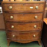 REGENCY MAHOGANY LINE INLAID BOW FRONT CHEST OF FOUR DRAWERS ON SPLAYED BRACKET FEET (HEIGHT= 76CM,