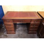 REPRODUCTION MAHOGANY NINE DRAWER DESK WITH RED LEATHER TOP (HEIGHT= 76CM, DEPTH= 60CM,