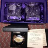 BOXED EDINBURGH CRYSTAL GOLFING TUMBLERS AND A DELVI OF SCOTLAND TRAVEL CLOCK