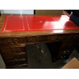 REPRODUCTION MAHOGANY KNEEHOLE DESK WITH RED LEATHER INSET TOP (HEIGHT= 75CM, DEPTH= 61CM,