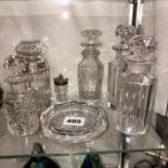 SILVER COLLARED GLASS CYLINDRICAL BOTTLE AND STOPPER AND SELECTION OF OTHERS