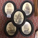 SERIES OF FIVE REPRODUCTION SCRIMSHAW STYLE OVALS OF GALLEONS AND SAILING SHIPS