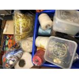 THREE CRATES OF NEEDLEPOINT THREADS AND BOXES OF YARN,