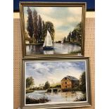 TWO OILS ON BOARD ONE RIVER WEIR LANDSCAPE AND YACHTS ON A RIVER, ONE SIGNED W.