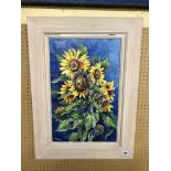 JOAN WILMOUTH WATERCOLOUR ON PAPER OF SUNFLOWERS FRAMED AND GLAZED 33CM X 52CM