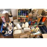 BOX OF LINEN THREADS, SEWING YARNS, REELS OF COTTON,