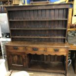 18TH CENTURY OAK POT BOARD DRESSER WITH RACK HANDLES REPLACED (HEIGHT= 188CM, DEPTH= 43CM,