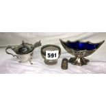 SILVER BOAT SHAPED TABLE SALT WITH BLUE GLASS LINER, MUSTARD POT AND SPOONS,