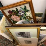 BOX OF MISCELLANEOUS OF AMATEUR PAINTINGS, PRESS DRIED FLOWER PICTURES,