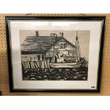 WOOD BLOCK PRINT OF A FISHING BOAT IN THE HARBOUR FRAMED AND GLAZED 39CM X 29CM