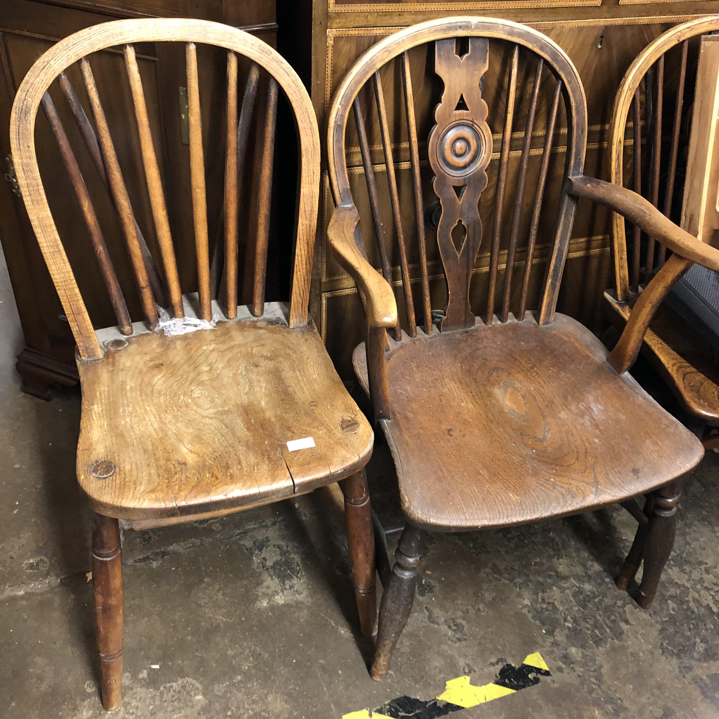 FOUR 19TH CENTURY ELM AND YEW THAMES VALLEY COUNTRY CHAIRS (3 + 1 ELBOW)