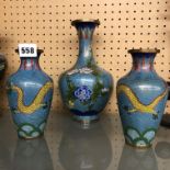 CLOISSONNE ENAMEL THREE VASE GARNITURE DECORATED WITH DRAGONS AND FLAMING PEARL