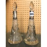 SILVER COLLARED TAPERED CUT GLASS SCENT BOTTLES AND STOPPERS