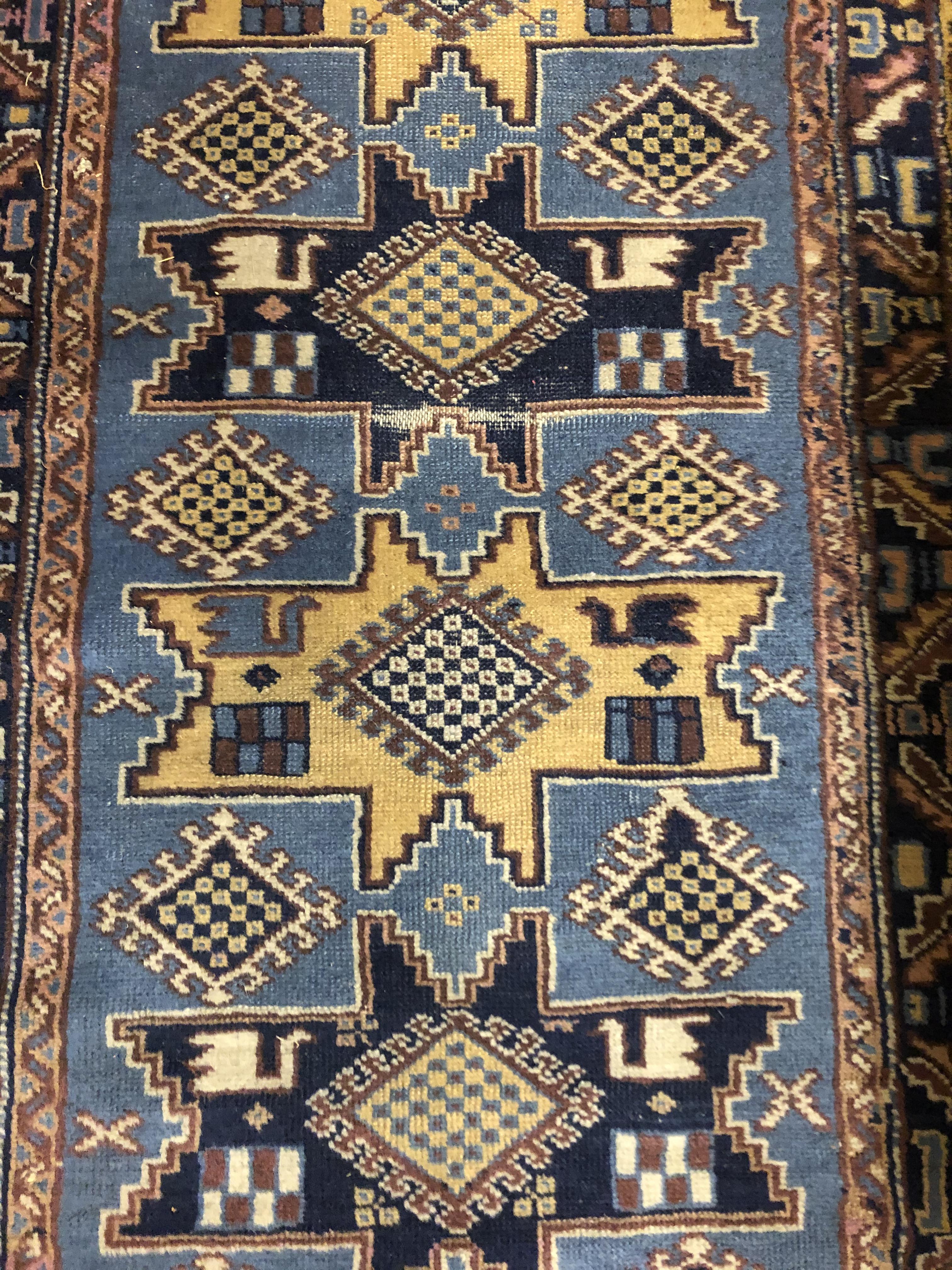 EARLY 20TH CENTURY BLUE GROUND CAUCASIAN RUNNER 92 X 358CM APPROX - Image 3 of 3