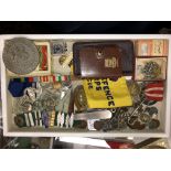 TRAY OF VARIOUS MEDALLIONS, MILITARY REGIMENTAL BADGES AND INSIGNIA, SILVER ST CHRISTOPHER,