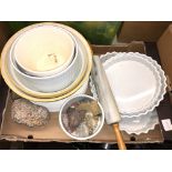 BOX CONTAINING DINNER PLATES, FLAN DISHES AND RAMEKINS,