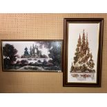 TWO PAINTINGS ON BOARD OF FANTASY LANDSCAPES BY T.