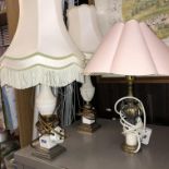 PAIR OF WHITE MARBLE AND GILT METAL BALUSTER TABLE LAMPS WITH SHADES AND ONE OTHER LAMP