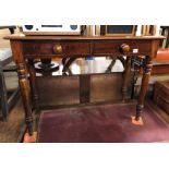 VICTORIAN MAHOGANY SIDE TABLE FITTED WITH TWO DRAWERS ON RING TURNED TAPERED LEGS