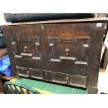 17TH CENTURY OAK MULE CHEST WITH GEOMETRIC MOULDED PANEL FRONT AND DRAWER