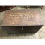 EARLY 20TH CENTURY PINE TRUNK WITH SIGNWRITTEN NAMEPLATE