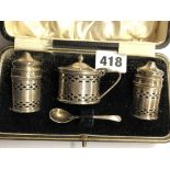 CASED FOUR PIECE SILVER CONDIMENT SET WITH LINERS