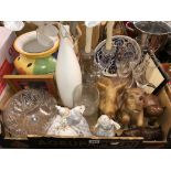 CARTON CONTAINING CARVED WOODEN DOG AND PIG FIGURES, CHERUB COMPORT, CUT GLASS BOWL,