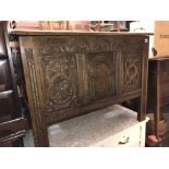 GOOD QUALITY CARVED OAK THREE PANEL BLANKET BOX