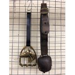 LEATHER STRAP COW BELL AND HORSE HEAD STIRRUP COAT RACK