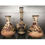 PAIR OF VICTORIAN STONEWARE FLORAL TAPERED VASES AND A PAINTED OPALINE BULBOUS VASE