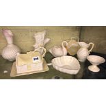 SELECTION OF BELLEEK CREAMWARE INCLUDING COTTAGE BUTTER DISH, NAUTILUS SHELL CREAMER,