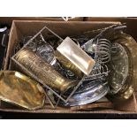 BOX OF BRASS AND EPNS AND METALWARES INCLUDING TUREEN AND COVER, TOAST RACK, PEDESTAL SALT,