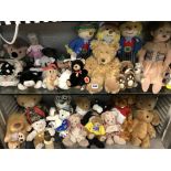 TWO SHELVES OF VARIOUS SOFT TOYS AND KNITTED SCARECROW DOLLS