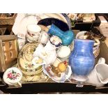 BOX OF MISCELLANEOUS CERAMICS, VASES, MOUSTACHE CUP,