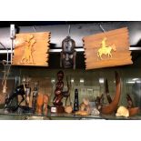 SHELF OF WOODEN CARVED AFRICAN TRIBAL FERTILITY AND ANIMAL FIGURES AND ROCK SAMPLES