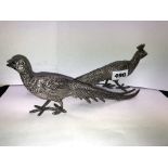 PAIR OF ELECTROPLATED PEACOCK AND PEAHEN FIGURES