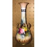 ROYAL WORCESTER GILDED TWIN HANDLED ROSE PAINTED SPILL VASE,
