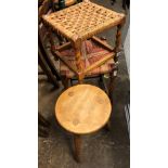 TWO RAFFIA STRUNG STOOLS AND A SMALL MILKING STOOL