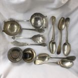 BAG CONTAINING FIVE SILVER TEASPOONS, TWO SILVER SIFTER SPOONS, TWO SILVER CANDLE SCONCES,