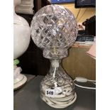 CUT GLASS TABLE LAMP WITH ETCHED GLOBULAR SHADE