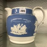 POTTERY JASPERWARE STYLE BLUE AND WHITE RELIEF JUG,